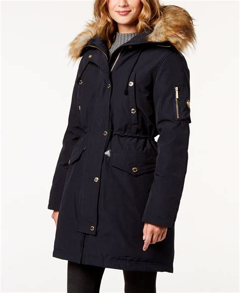 michael kors down parka with faux fur trim|Faux Fur Trim Ciré Belted Parka .